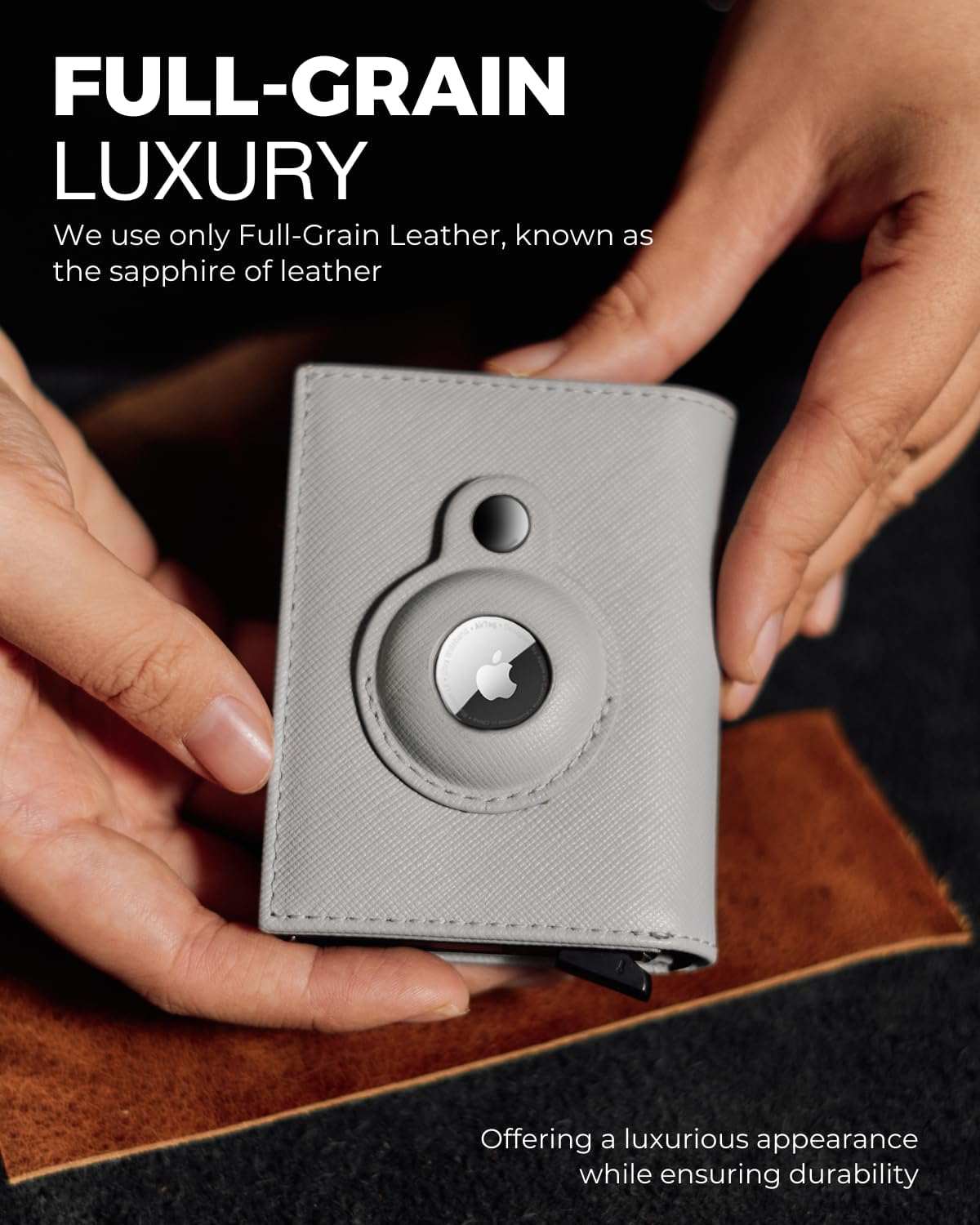 Jenoss Smart AirTag Wallet for Men & Women: Full Grain Leather, Handcrafted, Pop Up Case, Slim, RFID Blocking, Credit Card Holder, Apple Air Tag Tracker Minimalist 9-12 Slot | ID & Cash (Black& Grey)