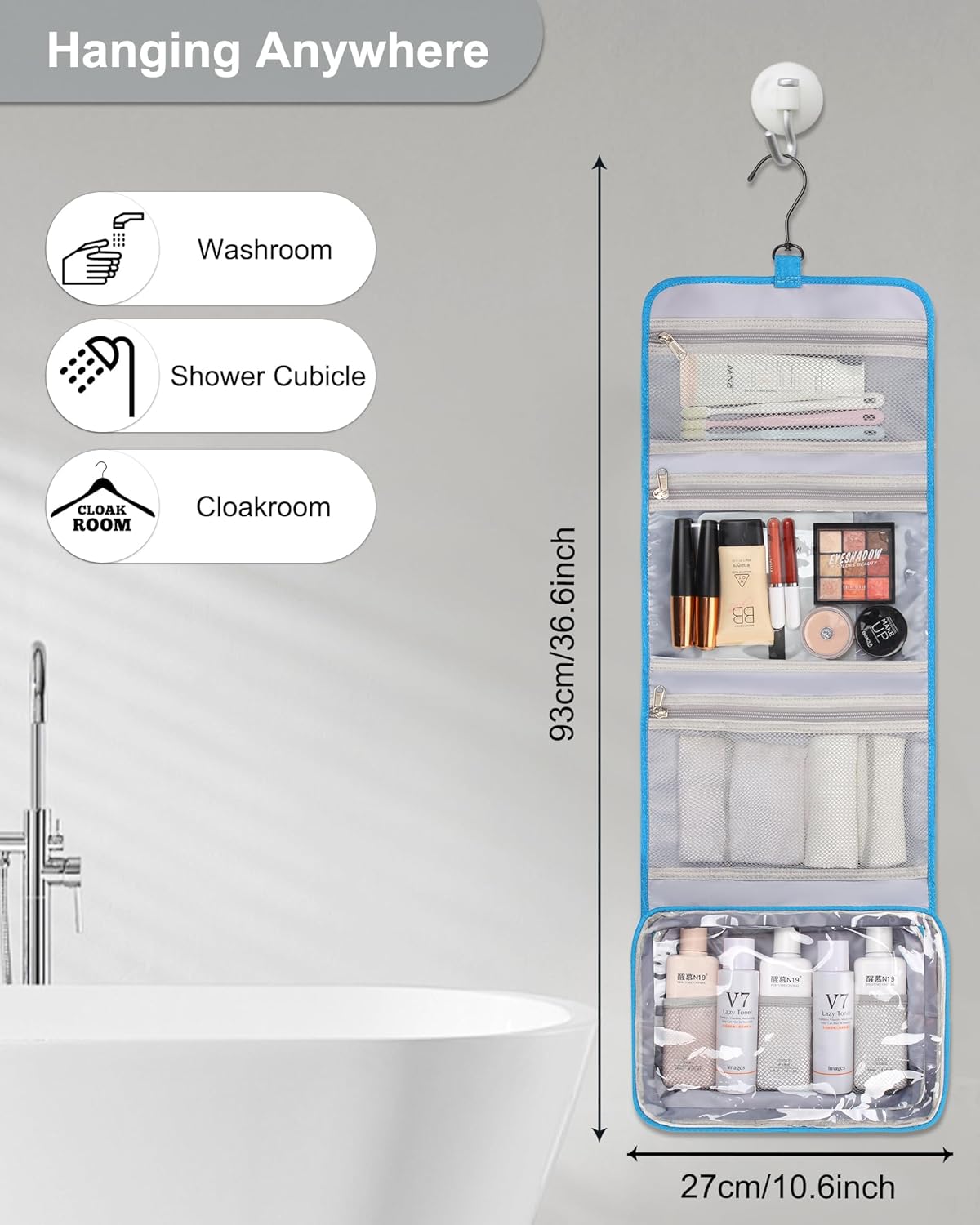 Relavel Travel Hanging Toiletry Bag for Women Men Large Capacity Makeup Bag Waterproof Cosmetic Storage Organizer Case for Bathroom Shower (Blue)