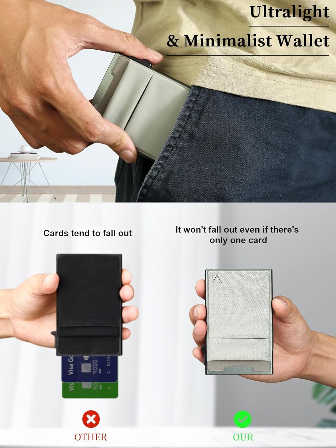 Slim Wallet for Men and Women,Pop Up Credit Card Wallet Metal Minimalist Cards Holder with Money Pocket,Small Ultralight Aluminum RFID Blocking Wallets 6-12 Card Capacity,Grey