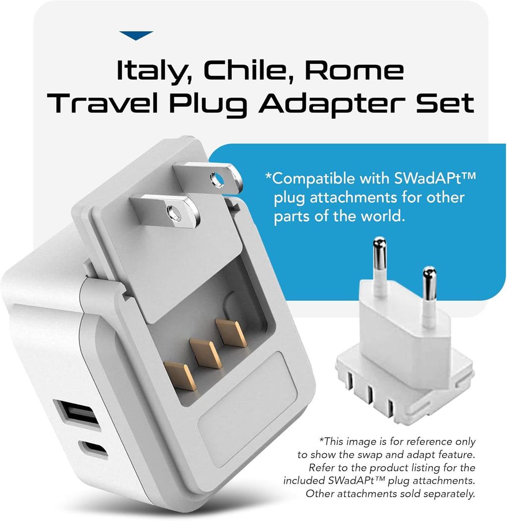 Ceptics World Travel Plug Adapter Set, Safe USB-C 3.0-2 USA Socket,30W PD & QC - Compact & Powerful - Use in Europe Includes Type A, B, C, E/F, G, I SWadAPt Attachments (PAK-30-WS)