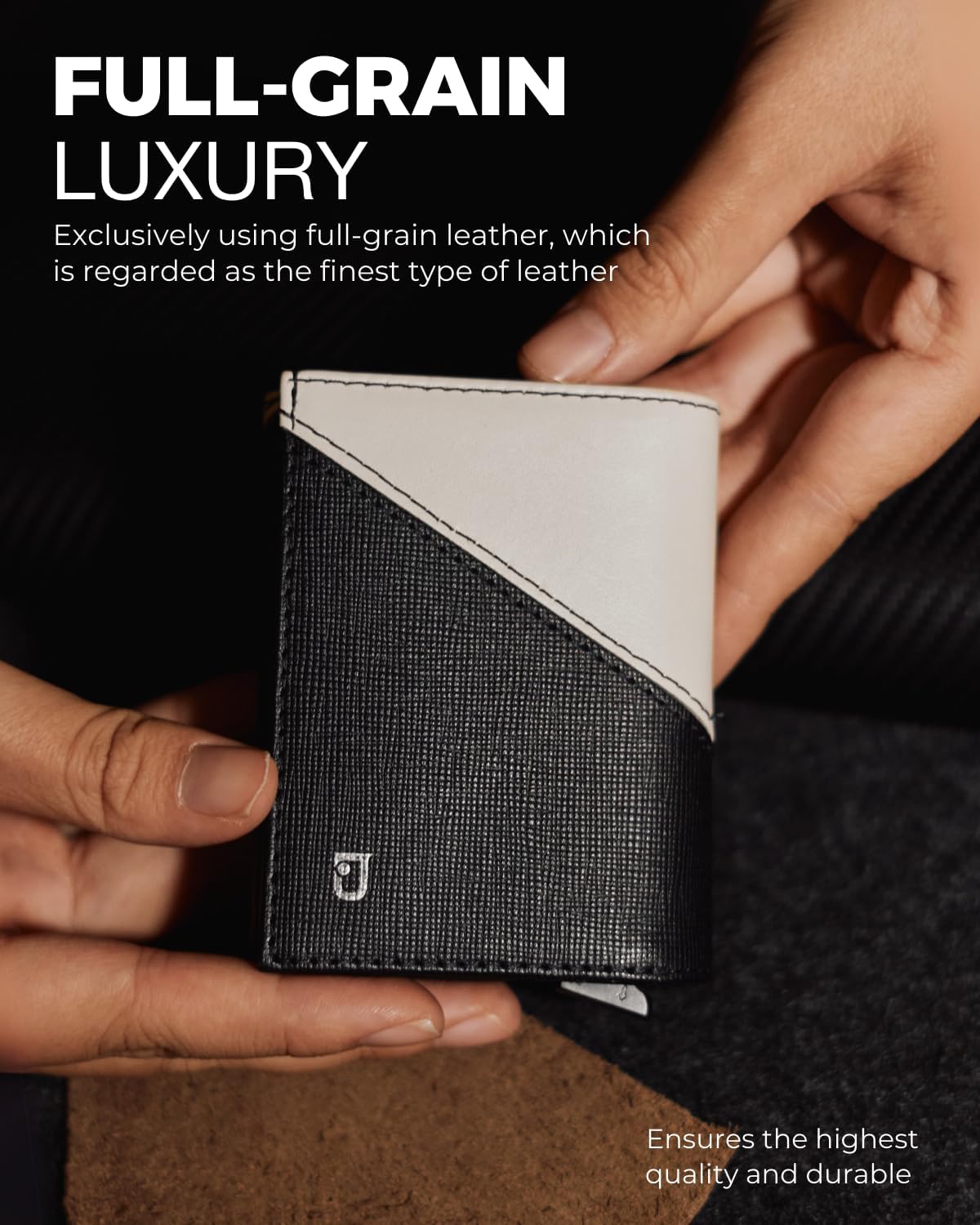 Jenoss Smart Wallet For Men: Full Grain Leather, Handcrafted, Slide Metal Pop Up Case, Slim RFID Blocking Credit Card Holder, Minimalist, Compact 12 Cards Slot Organizers, ID, Money Clip (Black&Cream)