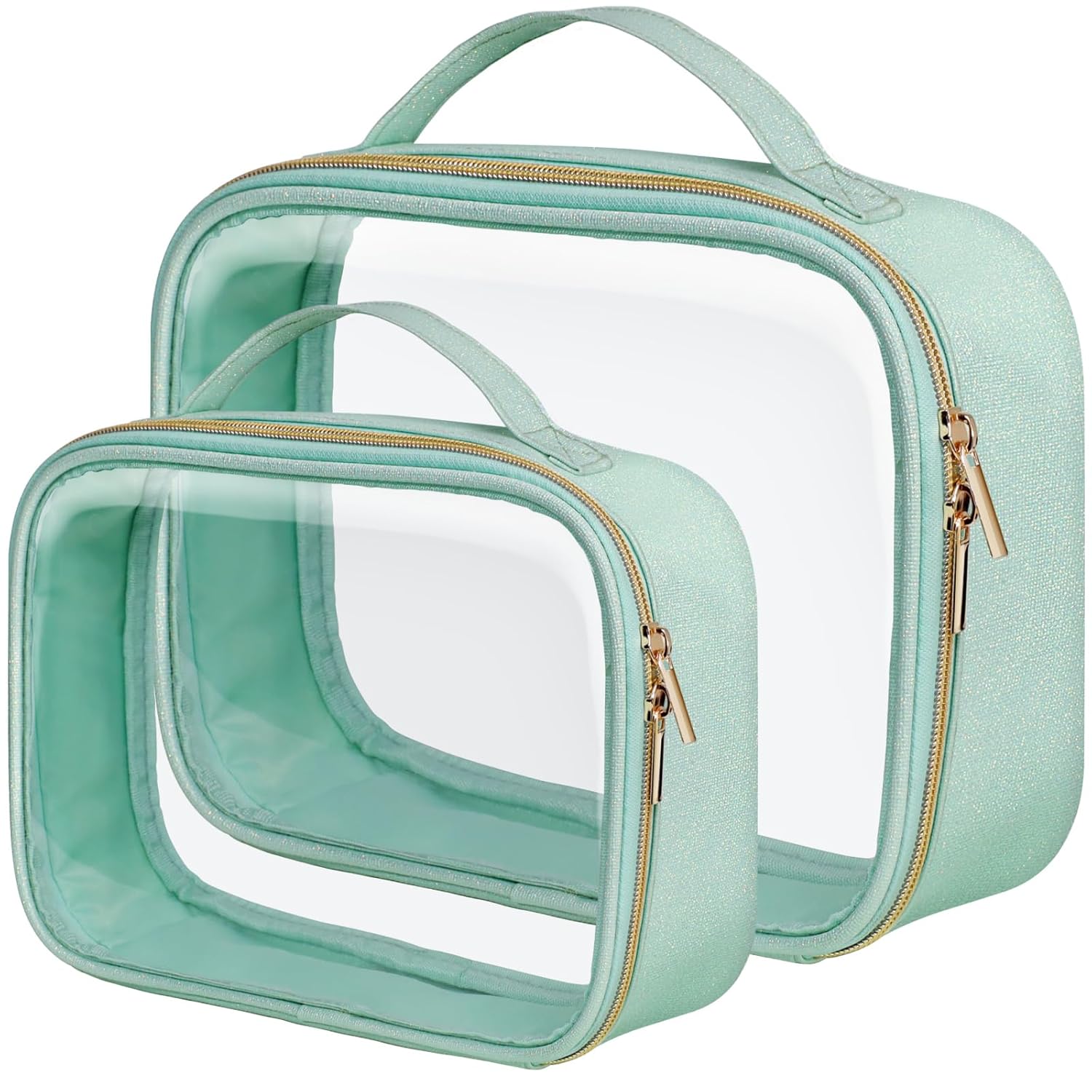 PACKISM TSA Approved Toiletry Bag - Glitter Textured Clear Makeup Bag, Personalized and Fashion, with 180° Large Opening and Supporting Frame, Perfect for Travel Essentials, Thick No Smell, Green