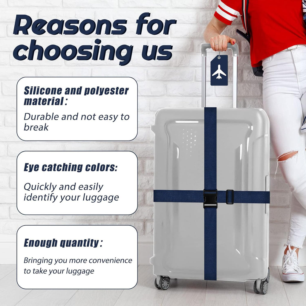 Weewooday 8 Pcs Luggage Straps Suitcase Tags Set for TSA Approved, 4 Travel Adjustable Suitcase Belt, 4 Silicone Luggage Tags with Name ID Card Travel Accessories(Dark Blue,Airplane)