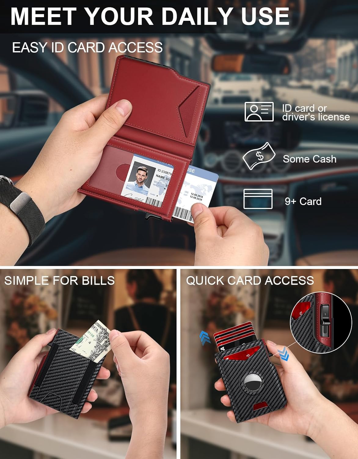 Airtag Wallet for Men, Minimalist Slim Mens Wallet Smart Pop Up Credit Card Holder for 9-13 Cards, RFID Blocking Wallet with ID Window & Cash Slot, Compact Bifold Metal Aluminum Card Case