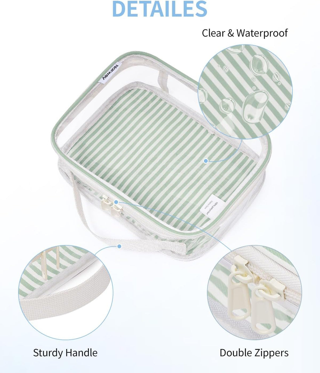 Narwey TSA Approved Clear Toiletry Bag for Travel, Waterproof PVC Clear Makeup Bags, Portable Compact Cosmetic Bag Make Up Organizer, Airport Airline Quart Size Compliant Bag (Mint Green Stripe)