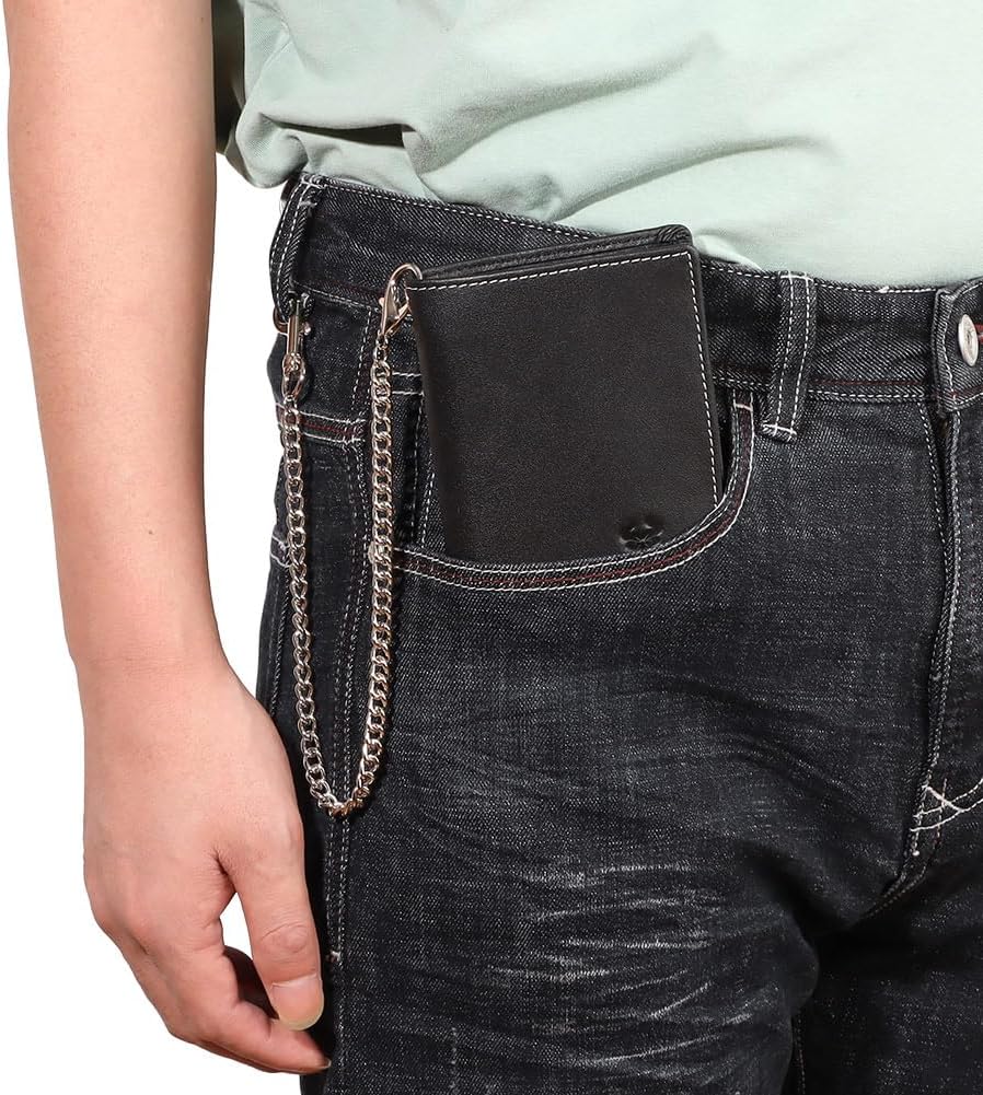 Holder for AirTag Men's Wallet Genuine Leather Purse RFID Blocking Bifold with Anti-Theft Chain,Black with Gift Box (BLACK)