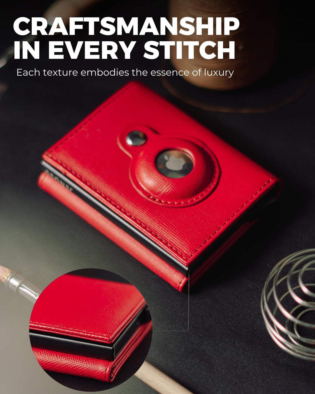 Jenoss Smart AirTag Wallet for Men & Women: Full Grain Leather, Black Pop Up Case, Slim, RFID Blocking, Credit Card Holder Apple Air Tag Tracker Trifold Minimalist 12 Slot ID (Red & Black)