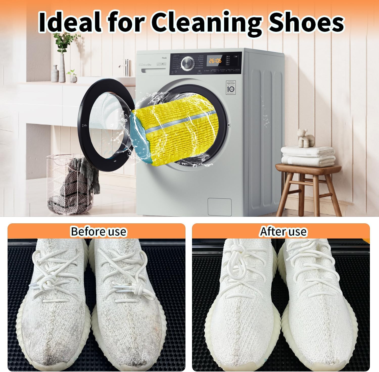 Shoe Washing Machine Bag, 2Pcs Reusable Shoe Cleaning Bag for Washing Machine, Shoe Laundry Bag for Washer, Cleaner bag for Sneakers Tennis Shoes (Yellow 2pcs)