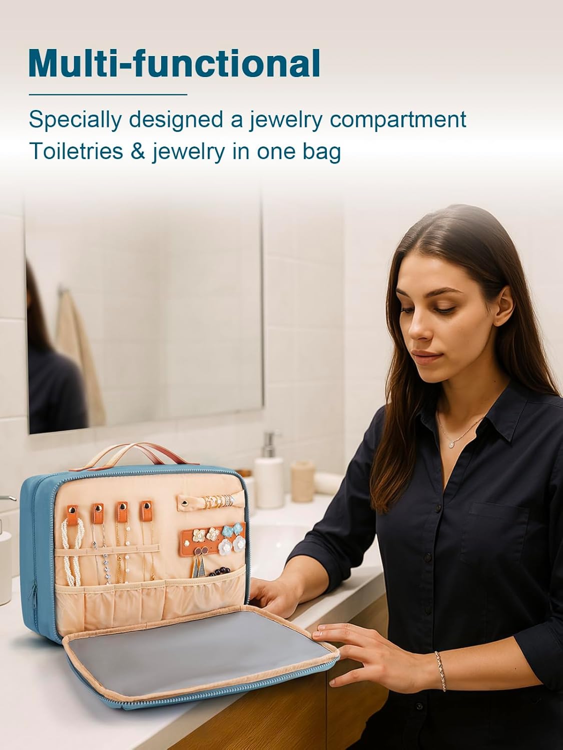 Women's Hanging Toiletry Bag, Waterproof Travel Cosmetic Organizer with Jewelry Storage, Large Capacity Makeup Case for Full-Size Skincare & Bathroom Essentials, Portable Cosmetic kit, Blue