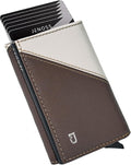 Jenoss Smart Wallet For Men: Full Grain Leather, Handcrafted, Slide Metal Pop Up Case, Slim RFID Blocking Credit Card Holder, Compact 12 Cards Slot Organizers, ID, Money Clip (Brown & Cream)