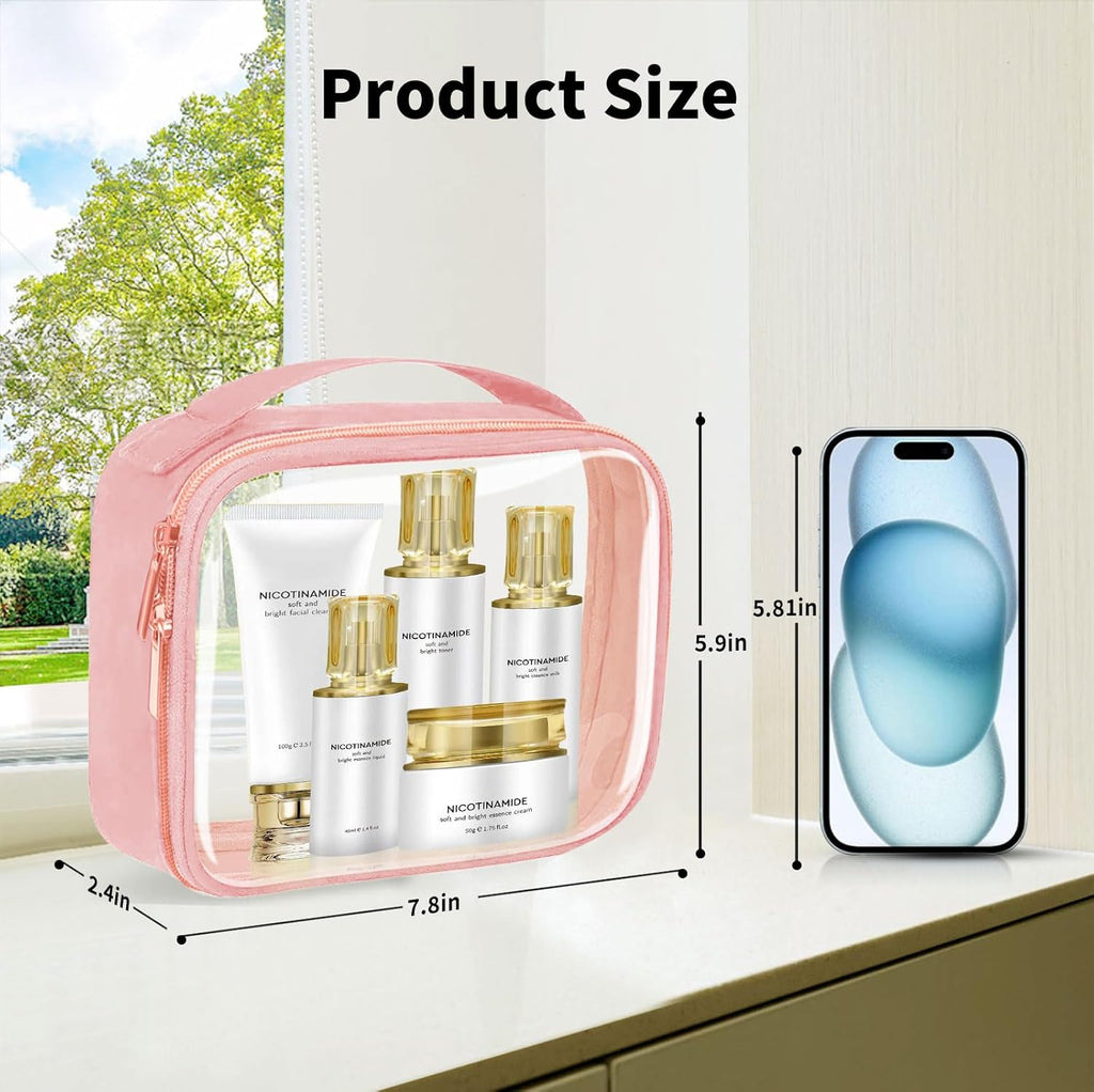 TSA Approved Travel Toiletry Bag,2 Pack Clear Makeup Bags with Handles,Quart Size Clear Cosmetic Bags for Traveling Women,Men,Carry on Airport Airline Compliant Bag,Pink