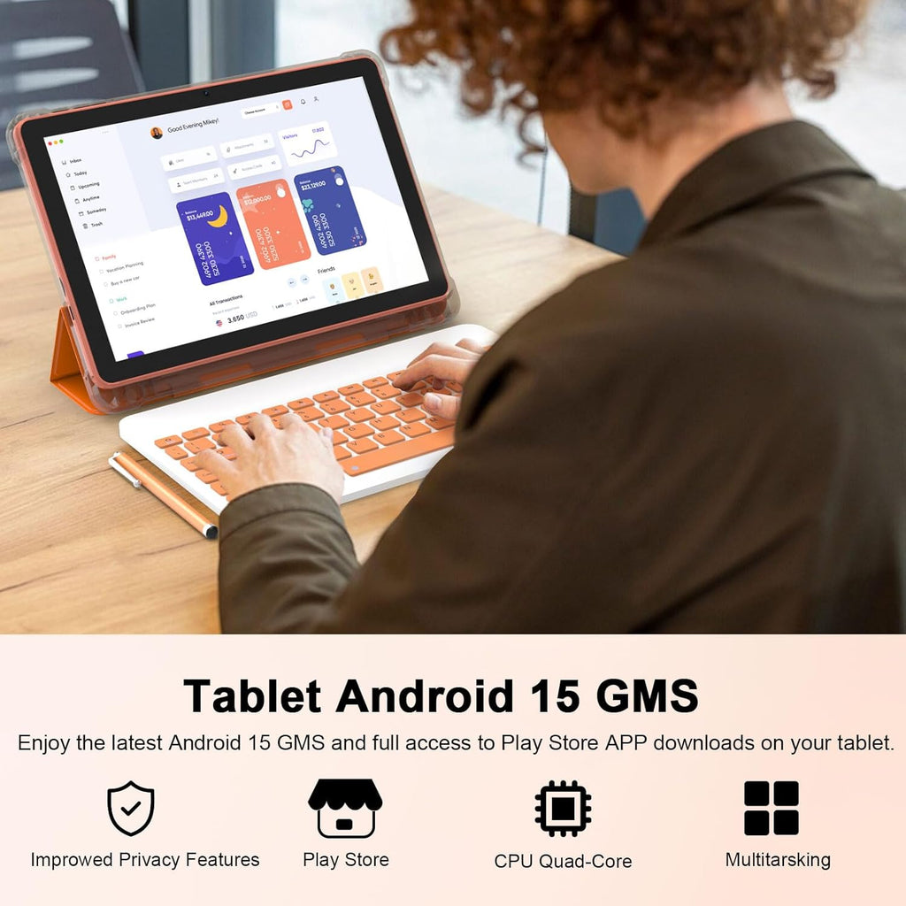 Android 15 Tablet 10 Inch, 2 in 1 Tablets with Keyboard/Mouse/Case/Stylus, 20GB RAM+128GB ROM/ 2TB Expand, 2.0Ghz Quad-core Processor, 1280 * 800 HD Touch Screen, 8MP Camera, 6000mAh Battery, 5G WiFi