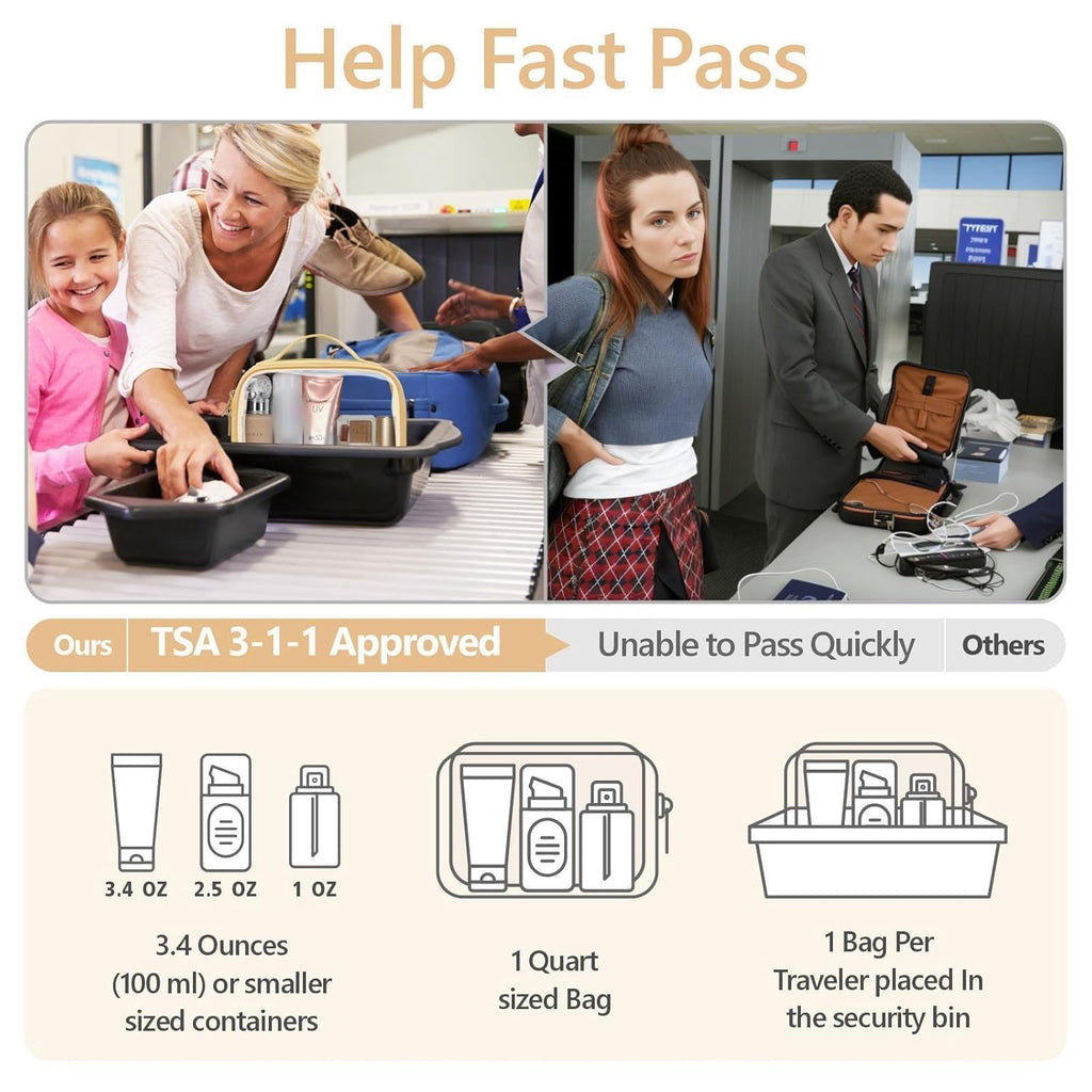 PACKISM Floral Texture Lace TSA Approved Toiletry Bag - 180° Large Opening Clear Makeup Bags for Traveling, in 2 Size TSA Liquid Bag with Handle, 0.5 mm Thick Non-deformable No Smell, Beige