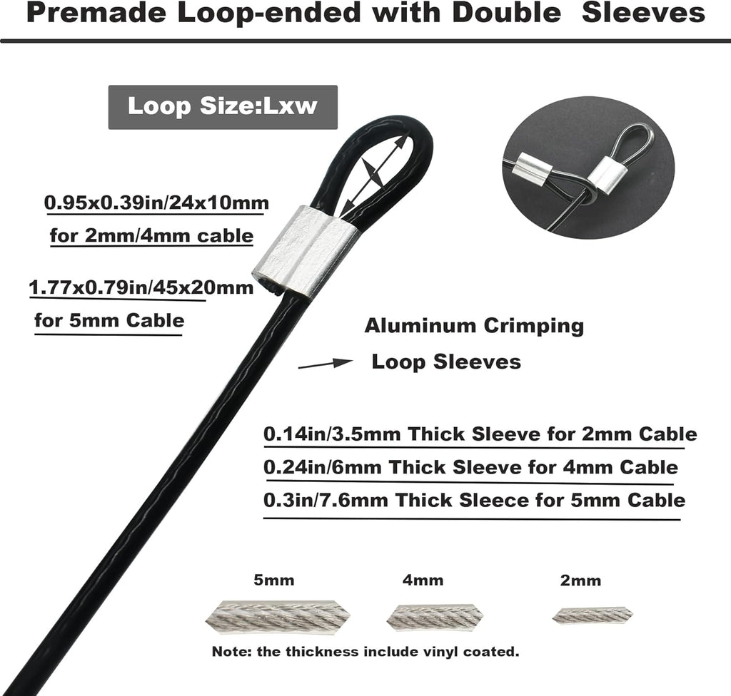 10 Pcs 4mm Wire 12 inch Vinyl Coated Stainless Steel Cable with Loops Short Wire Rope Lanyard Lock Security Chain Link for Outdoor Gates, Black(4mm x 12inch)