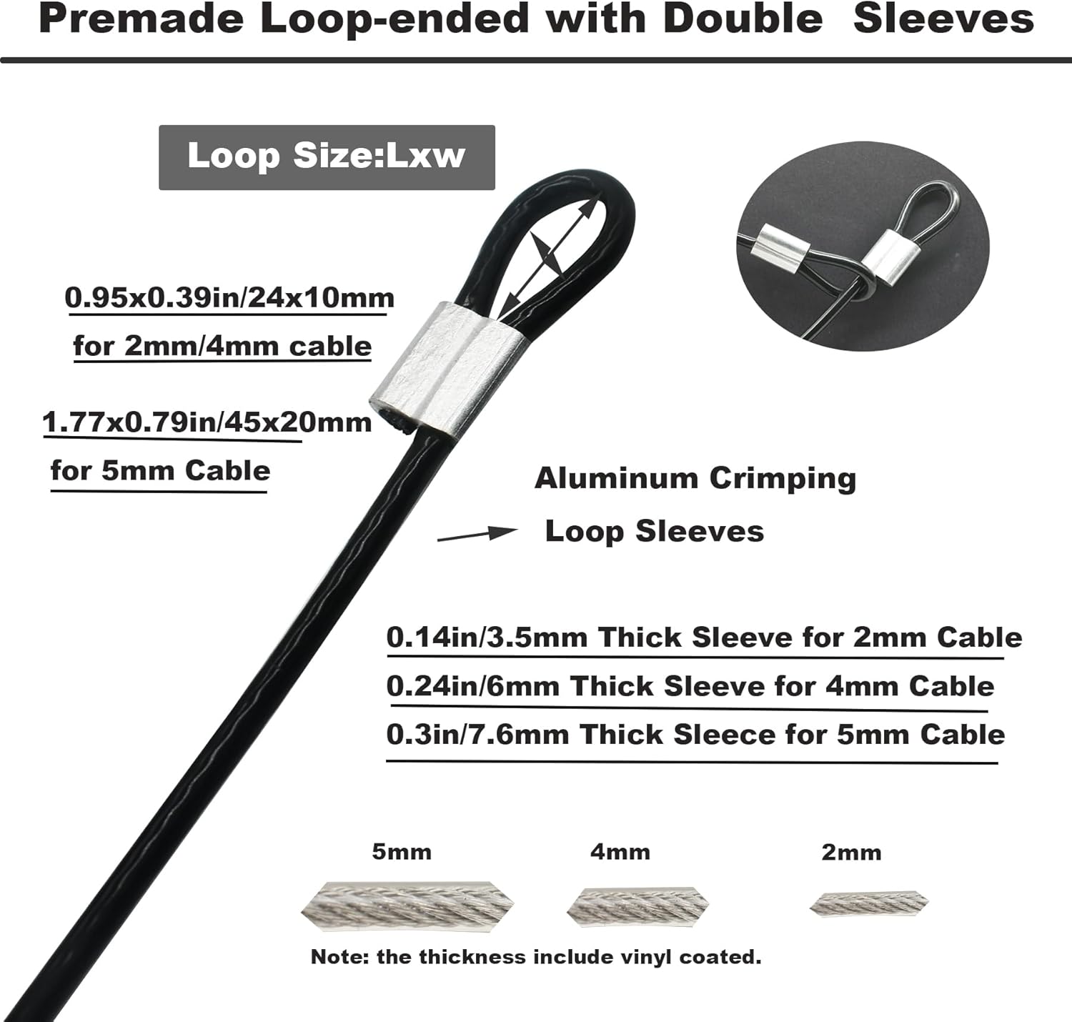 10 Pcs 5mm Wire 12 inch Vinyl Coated Stainless Steel Cable with Loops Short Wire Rope Lanyard Lock Security Chain Link for Outdoor Gates, Black(5mm x 12 inch)