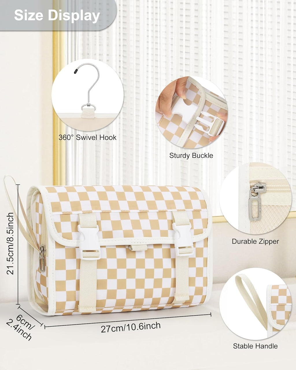 Relavel Hanging Toiletry Bag for Women, Hanging Makeup Organizer with Travel Size Toiletries, Portable Bathroom Travel Bag with Hook for Shaving Kit, Shampoo, Conditioner for Trip - Plaid