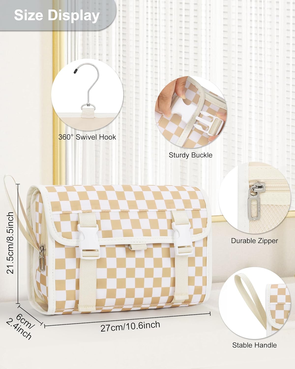 Relavel Hanging Toiletry Bag for Women, Hanging Makeup Organizer with Travel Size Toiletries, Portable Bathroom Travel Bag with Hook for Shaving Kit, Shampoo, Conditioner for Trip - Plaid