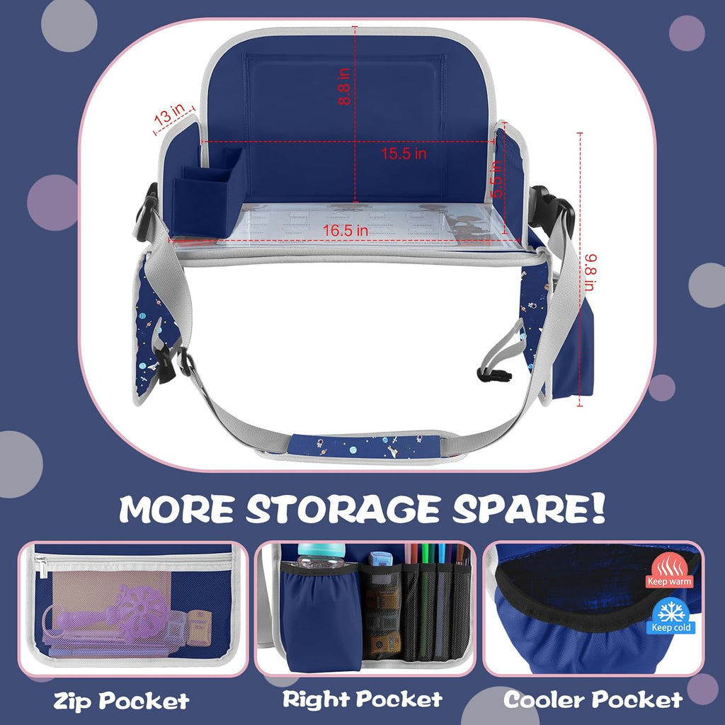 MENZOKE Car Seat Tray for Kids with Educational Drawing Board, Tablet Holder & Cooler Cup Holder, Essential for Car Travel & Airplane Trips, Space Pattern Design, Dark Blue