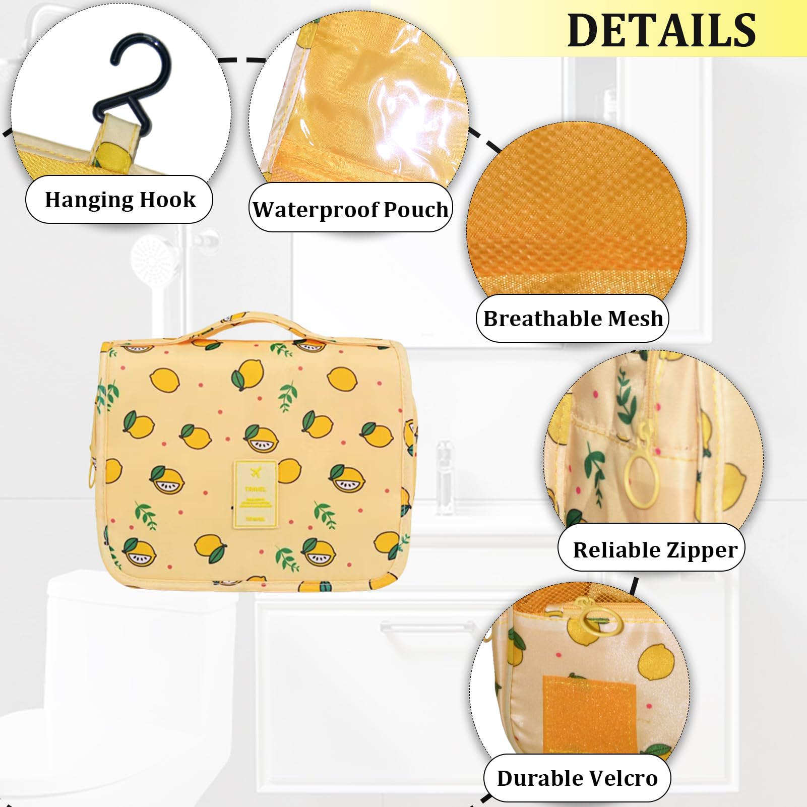L&FY Hanging Travel Toiletry Bag Women's Cosmetic Organizer Makeup Pouch Men's Shaving Kits With Handle (Yellow Lemon)