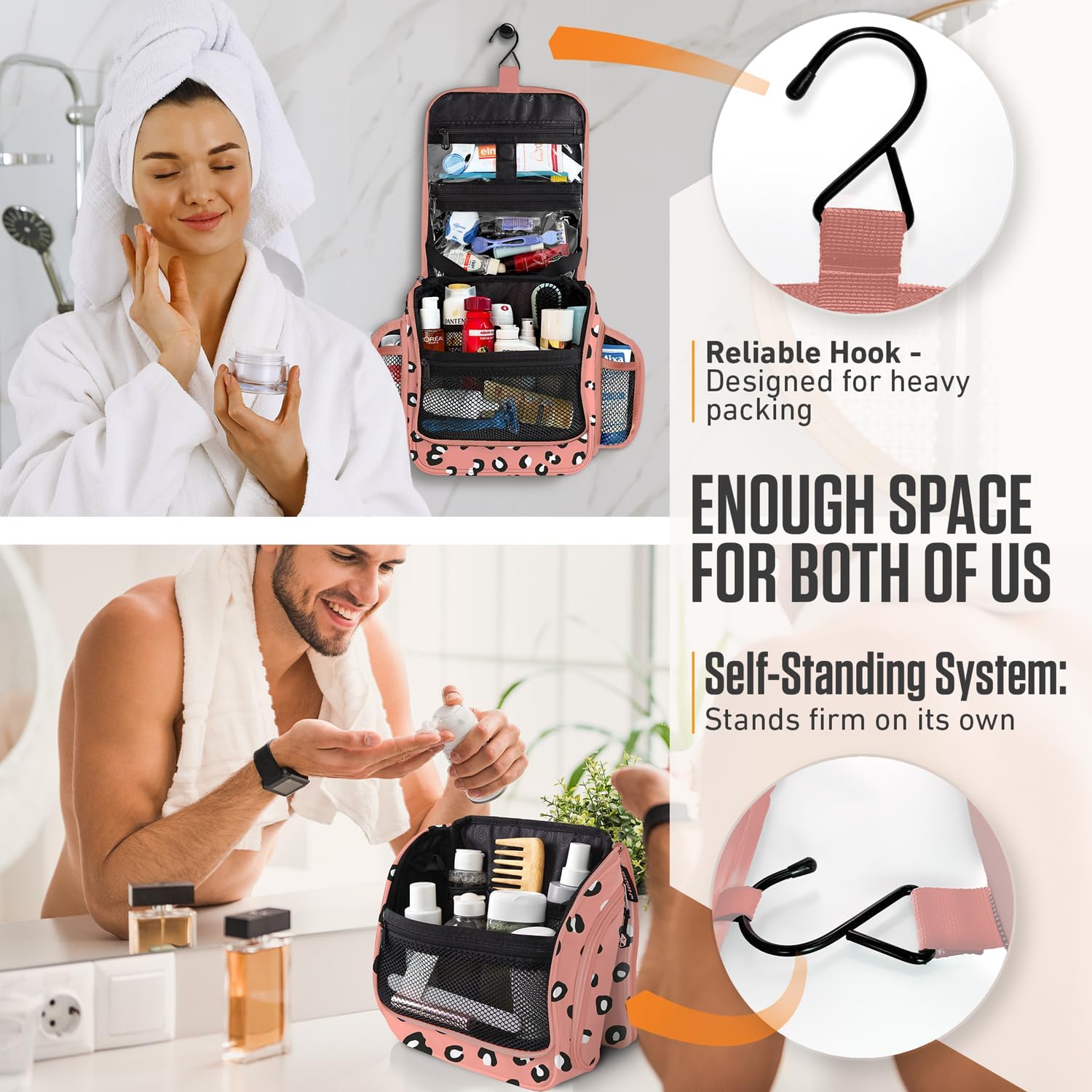 VENTURE 4TH Hanging Travel Toiletry Bag for Women & Men - Travel Organizer with Expandable Compartments & Removable Clear Pouch for Toiletries (Pink Cheetah)