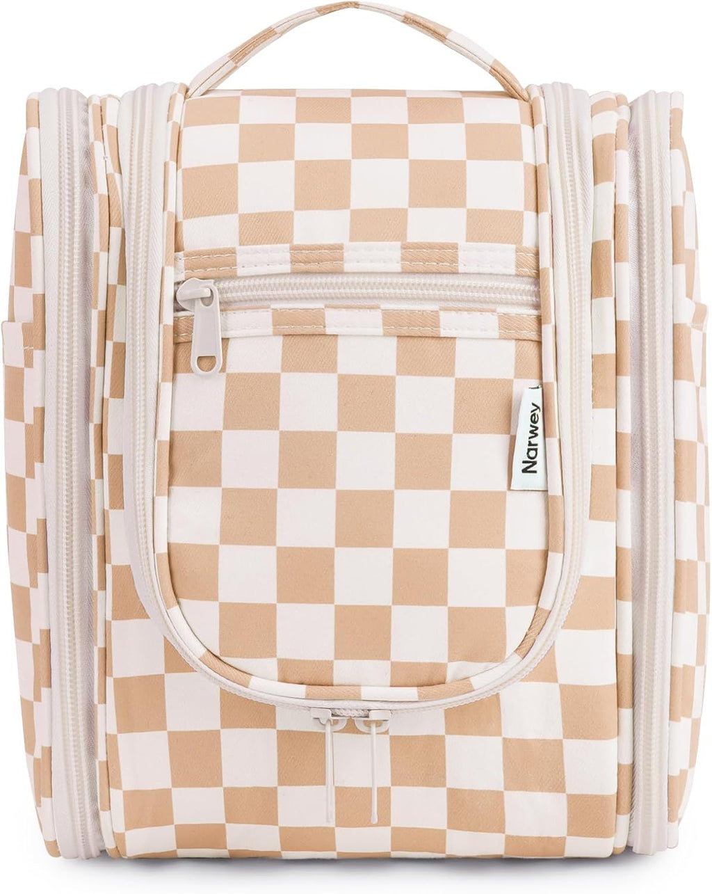 Narwey Small Checkered Hanging Travel Toiletry Bag for Women, Travel Bag for Toiletries, Makeup Bag Organizer Cosmetic Bags Make Up Bags for Women (Light Checkerboard)