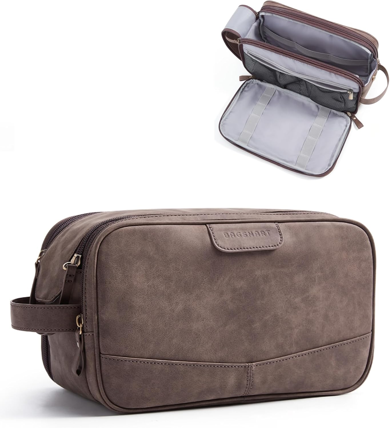 BAGSMART Toiletry Bag for Men, PU Leather Travel Bag for Toiletries, Dopp Kit Water Resistant Shaving Bag for Bathroom Shower-Dark Brown