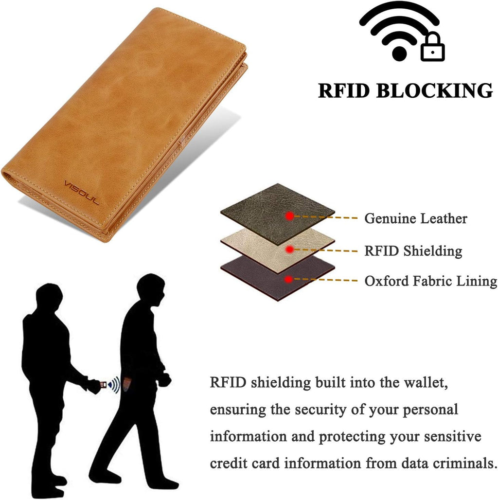 VISOUL Mens Leather Long Checkbook Bifold Wallets with RFID Blocking, Breast Pocket Tall Billfold Secretary Wallet for Men with Card Slots (Tan)