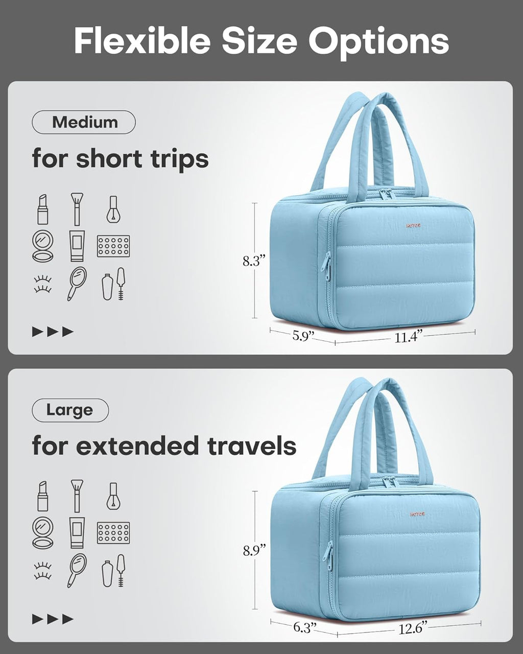 HOTOR Travel Toiletry Bag - Wide-Open Toiletry Bag for Women, Multi-Pocket Makeup Bag for Travel Essentials, Wet & Dry Separation Travel Accessories for Trip, Gym, 11.4" x 5.9" x 8.3", Blue