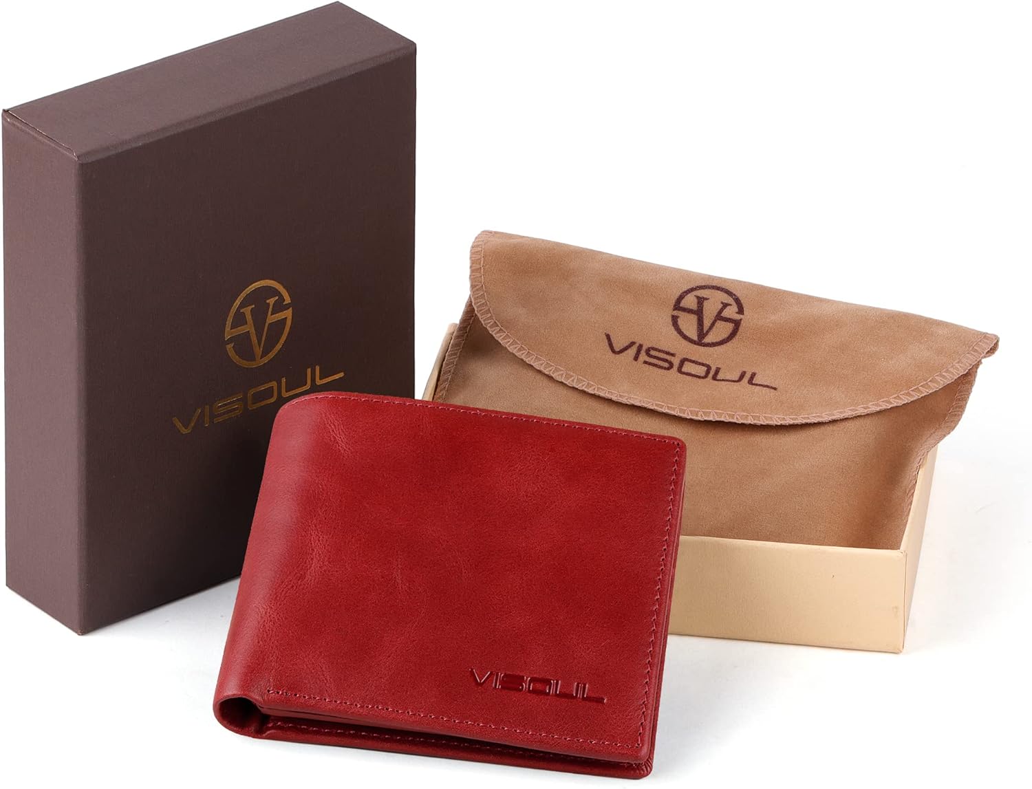 VISOUL Leather Mens Bifold RFID Blocking Wallet with 2 ID Windows, Leather Wallet for Men (Leather, Burgundy)