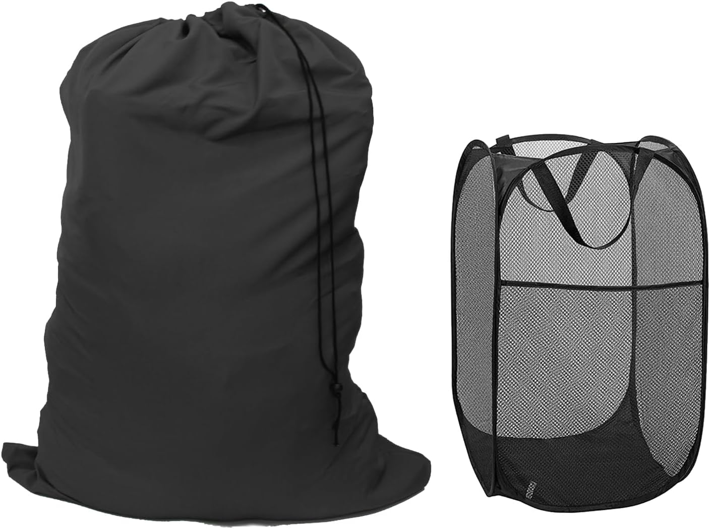 Extra Large Laundry Bag 1 Pack with 1 Pack Pop Up Hamper, Black Travel Laundry Bags 30"x40", Foldable Mesh Laundry Basket, for college dorm and apartment dwellers (2PCS)