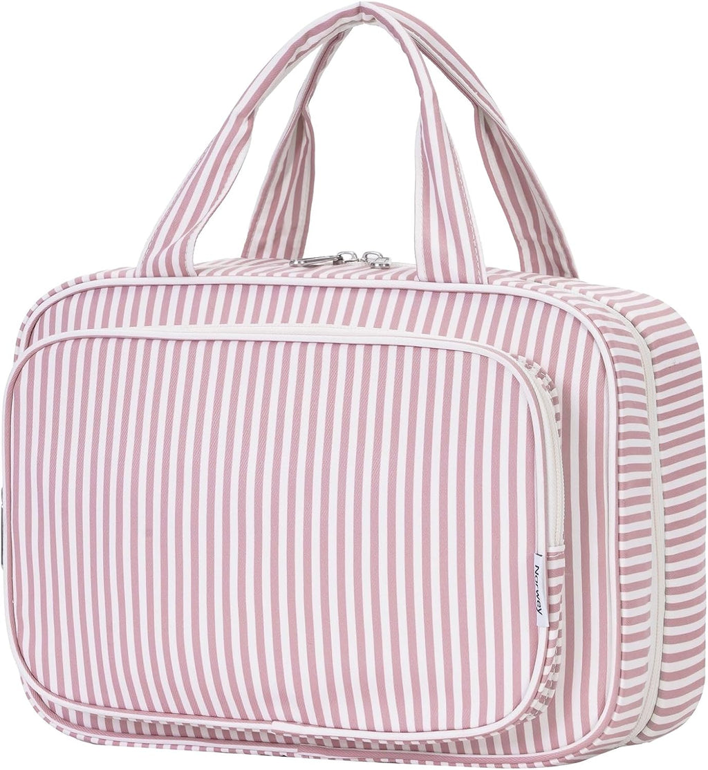 Narwey Striped Travel Toiletry Bag for Women Large Hanging Makeup Bag Organizer Toiletries Bag for Full Size Essentials Accessories Cosmetics (Dusty Pink Stripe (Large))