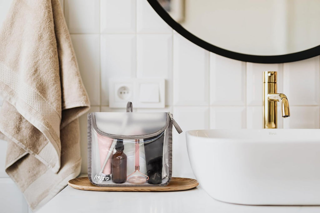 (re)zip Zippered TSA-Compliant Travel Quart Bag | Zippered, Reusable, Storage Bag for Toiletries, Makeup, Suitcase Organization | BPA-Free, Food Grade, Machine Washable (Clear, Gray Piping)