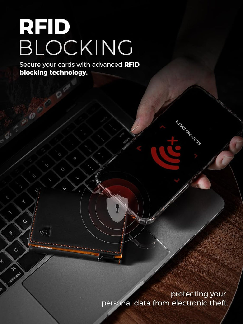 LORZOR Wallet for Men with Metal Card Holder, Pop Up Wallet, Finest Full Grain Leather Trifold Wallet, Smart, Minimalist, RFID Blocking, Front Pocket, ID Window, Black/Orange