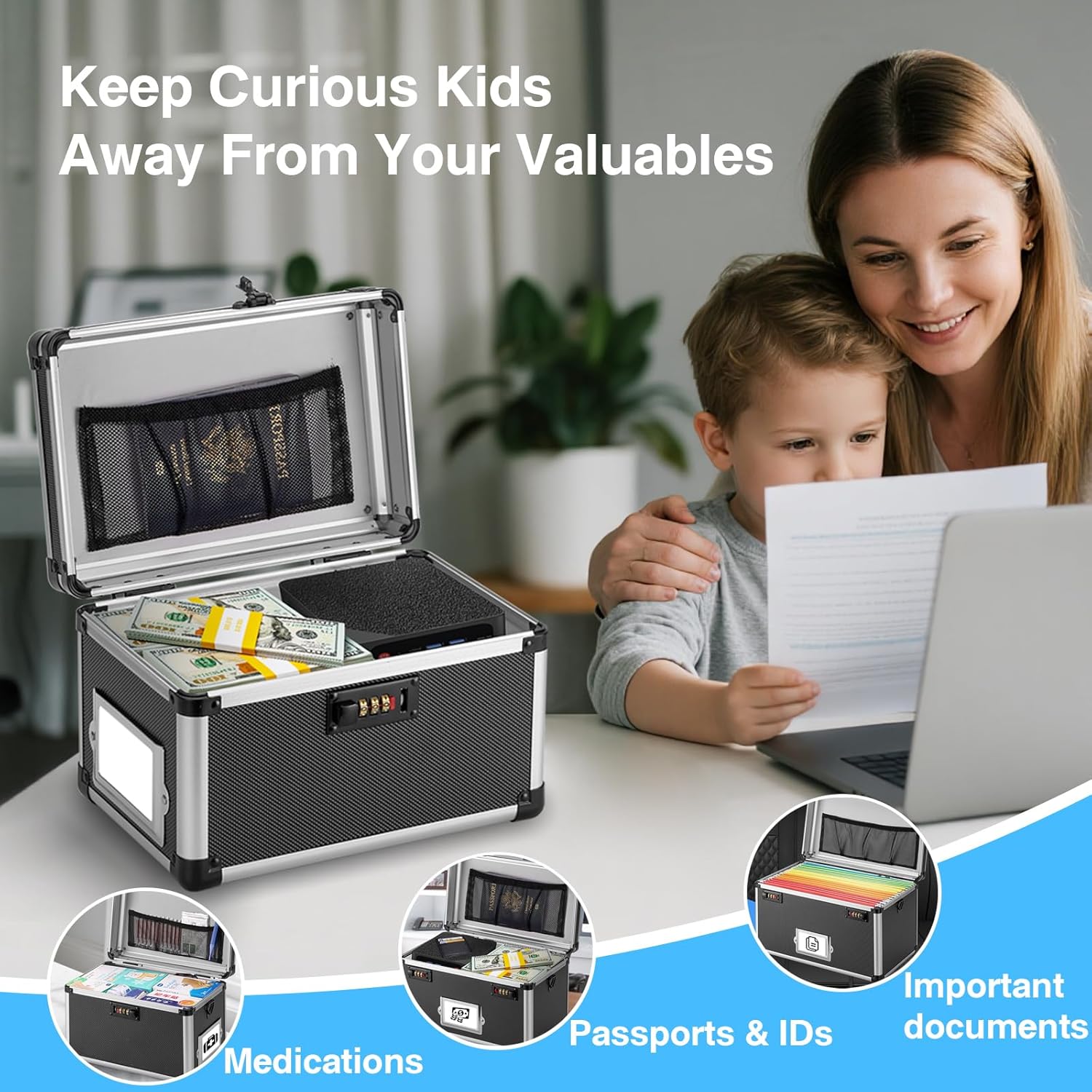 10.2 x 7 x 7.5 Inch Lockable Storage Box with Combination Lock, Portable Safe for Documents, Medicine, Cash & Valuables, Medicine Lock Box with Label Slot for Home, Office & Travel - Black