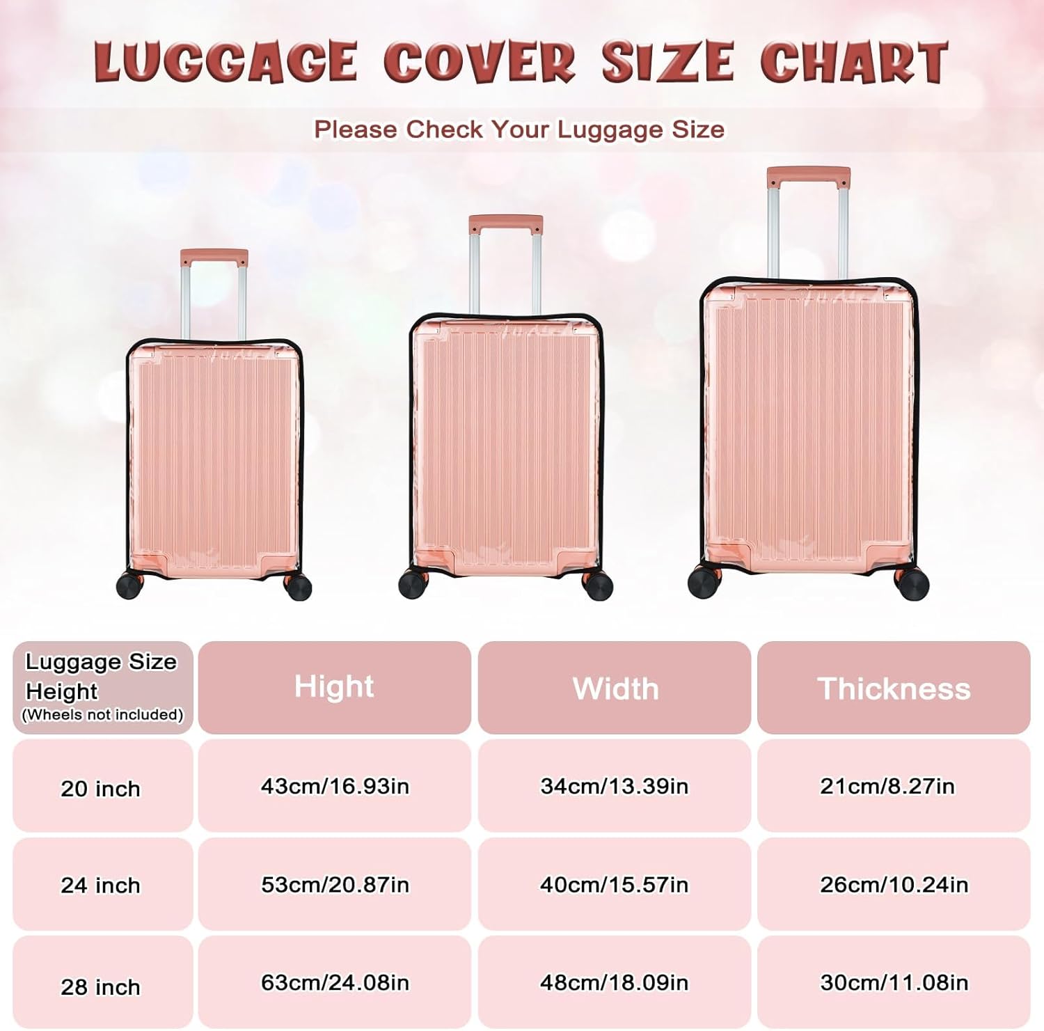 3 Piece Clear PVC Luggage Cover Protector, Waterproof Plastic Suitcase Cover, 20“ 24” 28” Carry On Luggage Protector Suitcase Cover