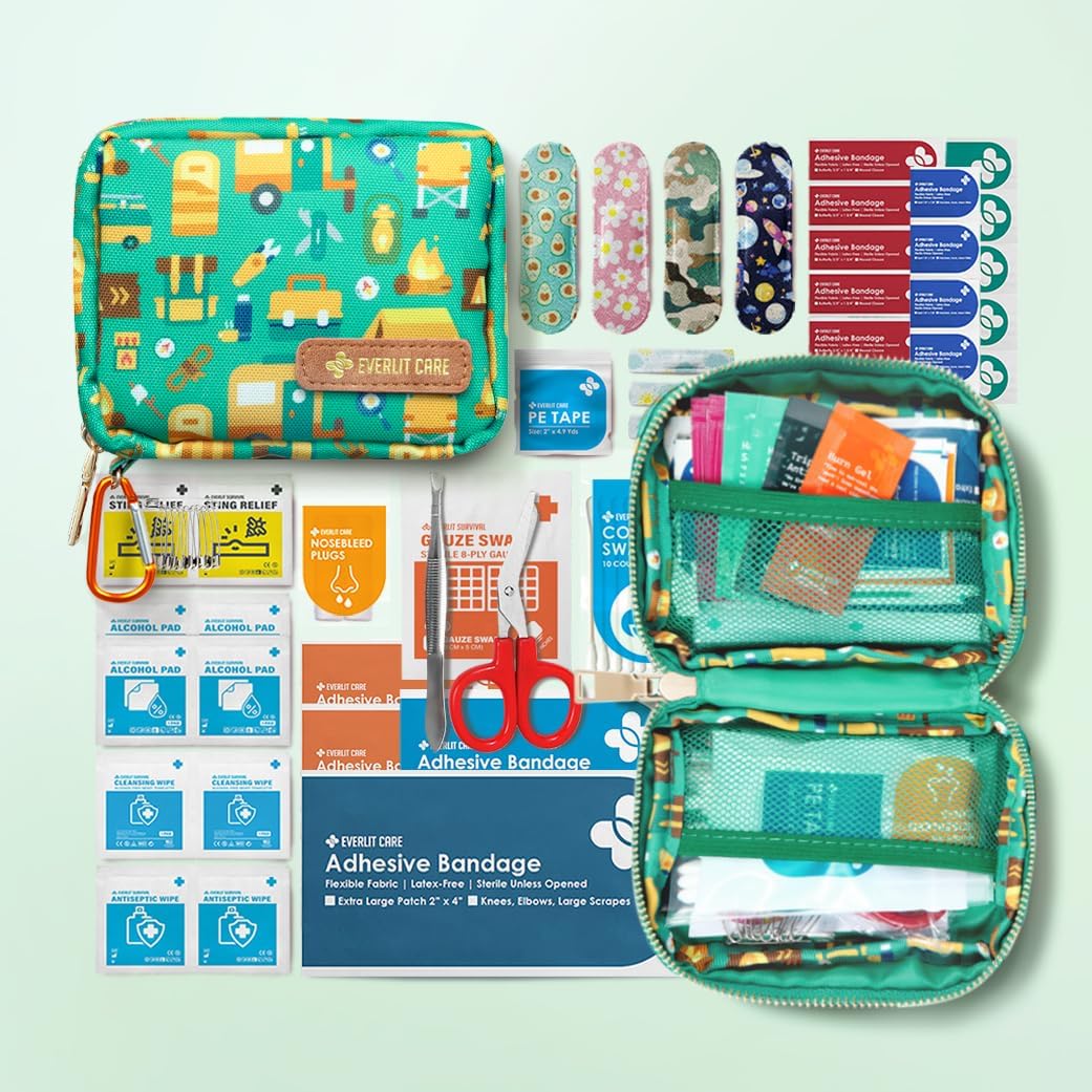 EVERLIT Mini Rescue Pack | 105 Medical Essentials Organized in Portable Storage Bag | Pocket Size Kids First Aid Kit with D Ring | Small Family-Friendly Travel Medical Kit (Camping)