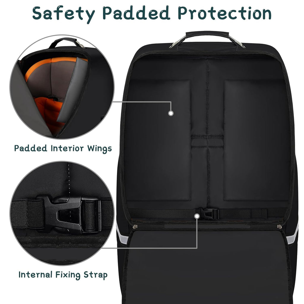 Car Seat Travel Bag,Padded Car Seats Backpack with Steel Cable Handle and Reflective Stripes, Large Durable Carseat Carrier Bag,Airport Gate Check Bag,Infant Seat Travel Bag with Shoulder Strap,Black