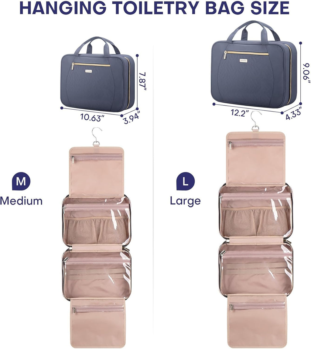 Hanging Toiletry Bag for Women Travel, 2 Sizes Large & Small Waterproof Cosmetic Organizer with 4 Compartments, Rotating Hook, Foldable Pink Travel Bag for Toiletries & Makeup Medium Grey Blue