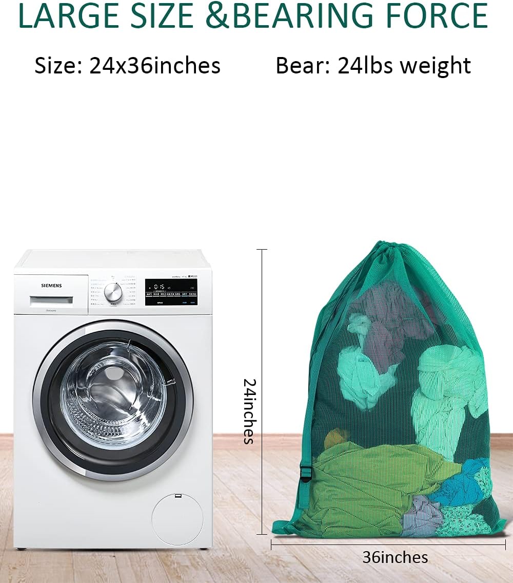 Mesh Laundry Bags with Adjustable Shoulder Strap, 24" x 36" Heavy Duty Nylon, Drawstring Closure, 3-Pack, Mixed Colors