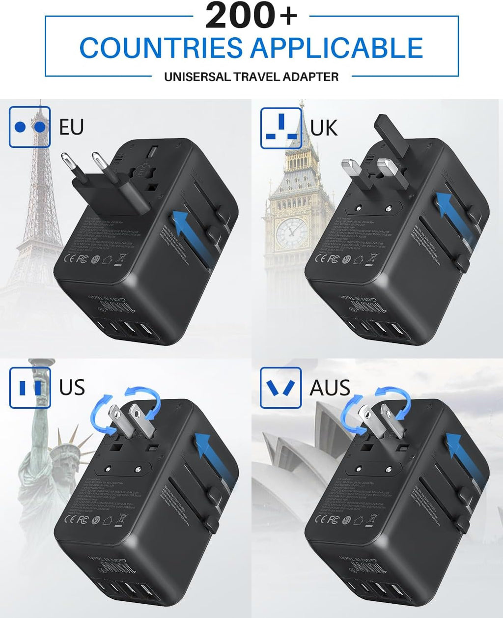DOACE Universal Travel Adapter, 100W GaN 3.0 European Travel Plug Adapter with Built-in USB-C Cable, 6 in 1 International Power Adapter with 5 USB Ports for EU/UK/USA/AUS(Black)