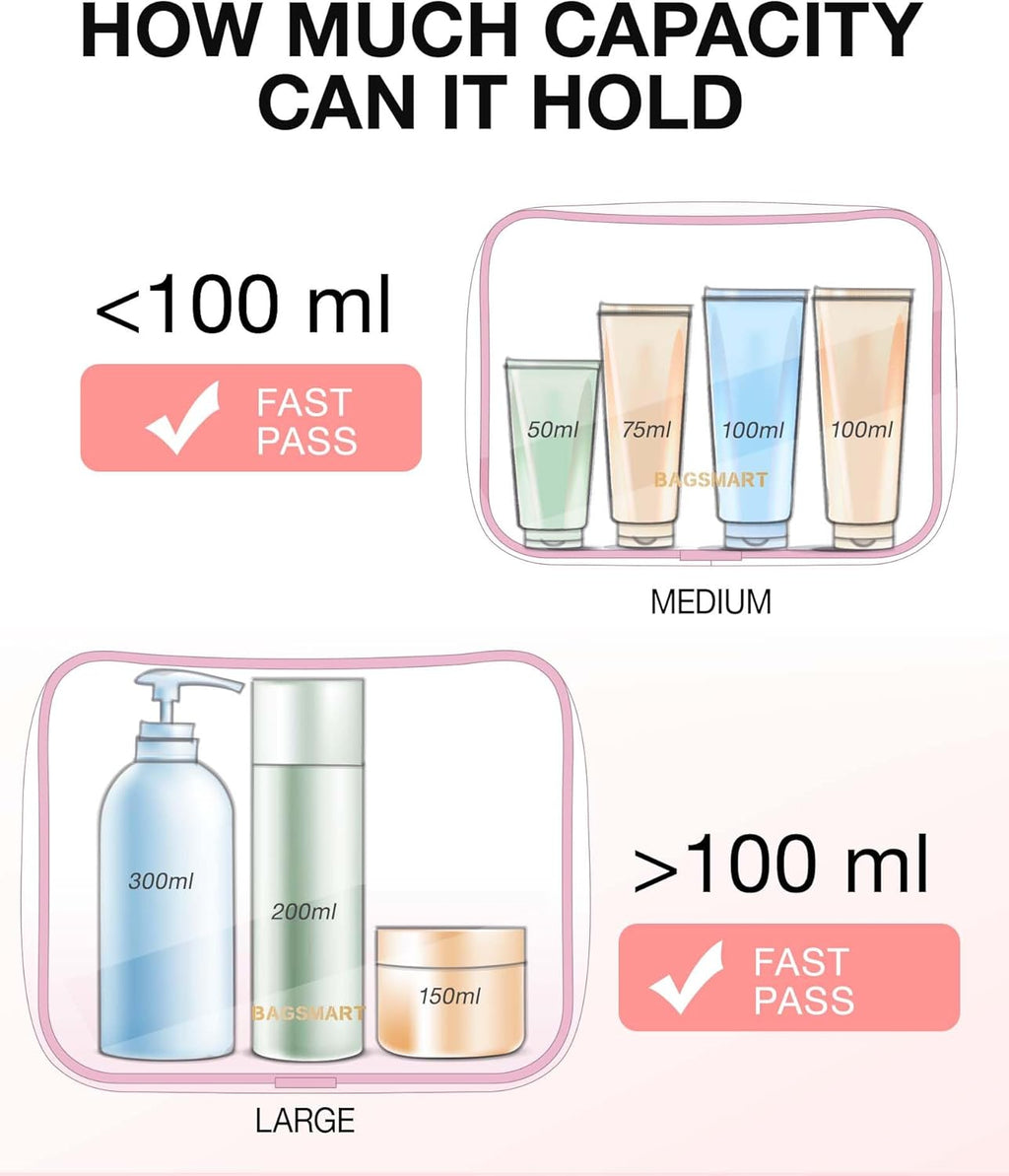 BAGSMART Clear Toiletry Bag, 2 Packs TSA Approved Water Resistant Quart Size Travel Organizer, 2 Sizes Airport Airline Travel Essential Carry On Makeup Cosmetic Bags for Women, Pink