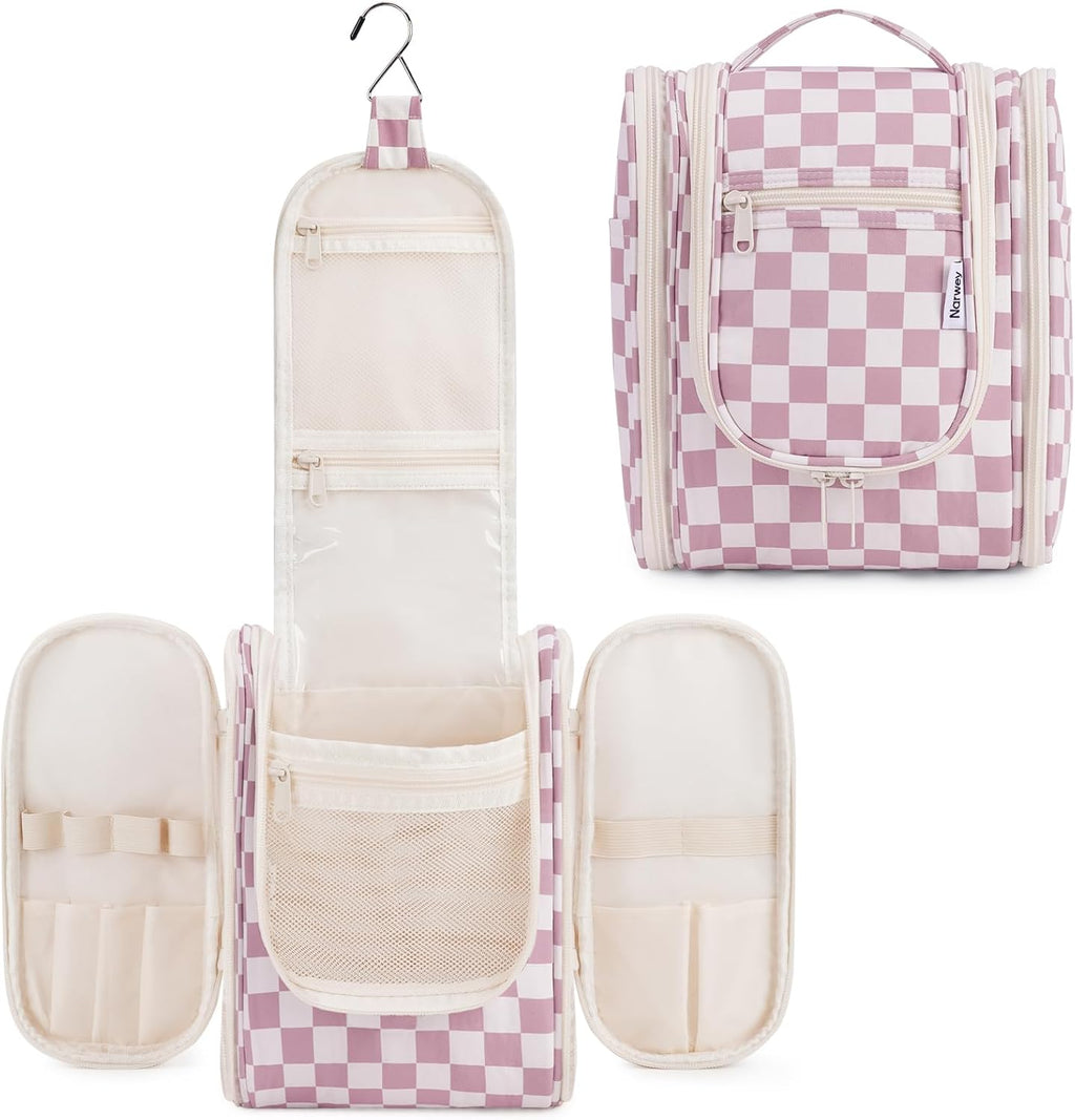 Narwey Small Checkered Hanging Travel Toiletry Bag for Women, Travel Bag for Toiletries, Makeup Bag Organizer Cosmetic Bags Make Up Bags for Women (Dusty Rose Checkerboard)