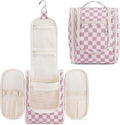 Narwey Small Checkered Hanging Travel Toiletry Bag for Women, Travel Bag for Toiletries, Makeup Bag Organizer Cosmetic Bags Make Up Bags for Women (Dusty Rose Checkerboard)