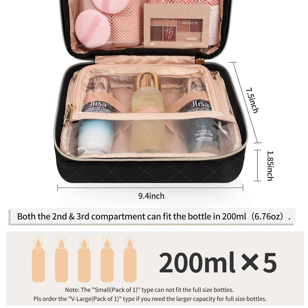 CUBETASTIC Hanging Travel Toiletry Bag, Portable Makeup Organizer for Women Men, 3 Compartment Cute Cosmetic Case Water-resistant Small Travel Bag for Toiletries, Black