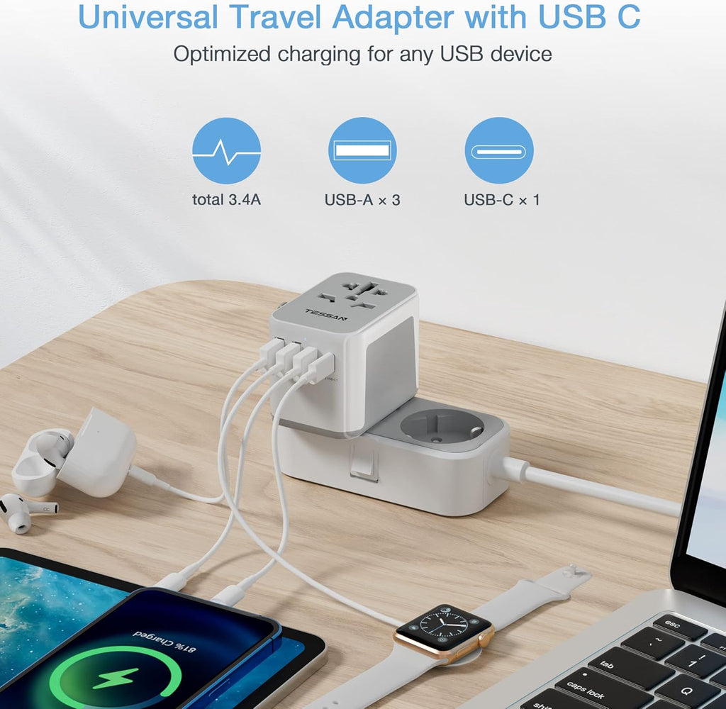 TESSAN Universal Travel Adapter, International Power Adapter with 4 USB Ports (1 USB C), Worldwide Plug Adaptor Wall Charger for USA to Europe UK France Germany Spain Ireland Australia(Type C/G/A/I)