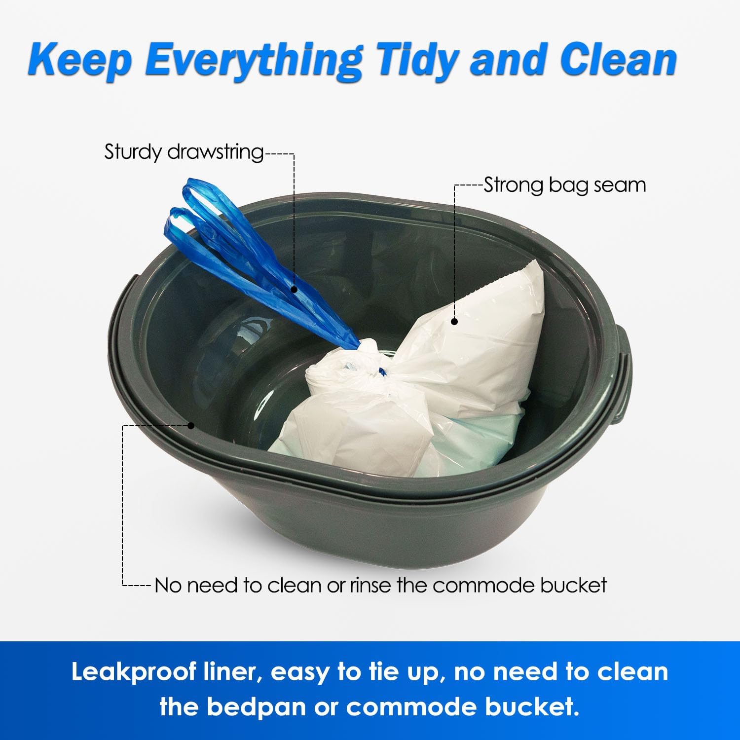 100 Count Enlarged Bedside Commode Liners for Commode Chairs, Bed Pans, and Portable Toilets, Pre-Separated, Leakproof, Sturdy, Disposable, for Adults, Seniors, Medical Care, and Camping