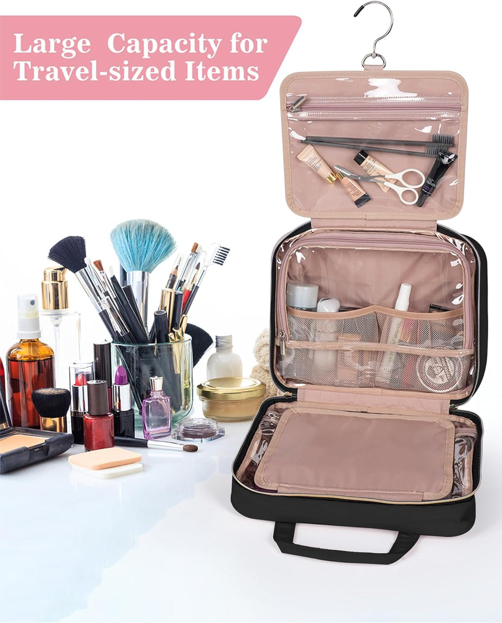 Black Toiletry Bag, Makeup Organizer, Travel Bag For Women Mens Toiletries, Waterproof with Hanging Hook, Large Capacity