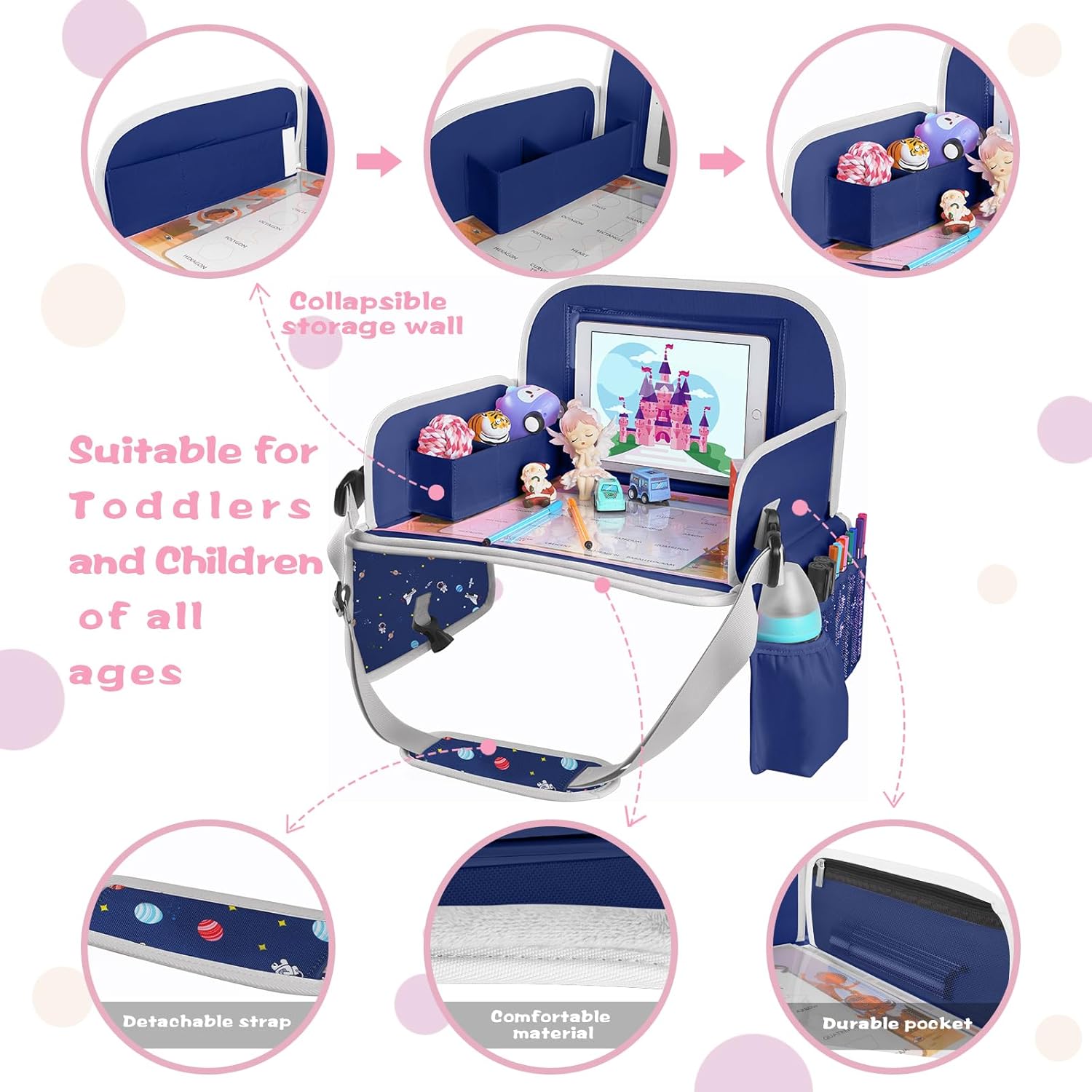 MENZOKE Car Seat Tray for Kids with Educational Drawing Board, Tablet Holder & Cooler Cup Holder, Essential for Car Travel & Airplane Trips, Space Pattern Design, Dark Blue