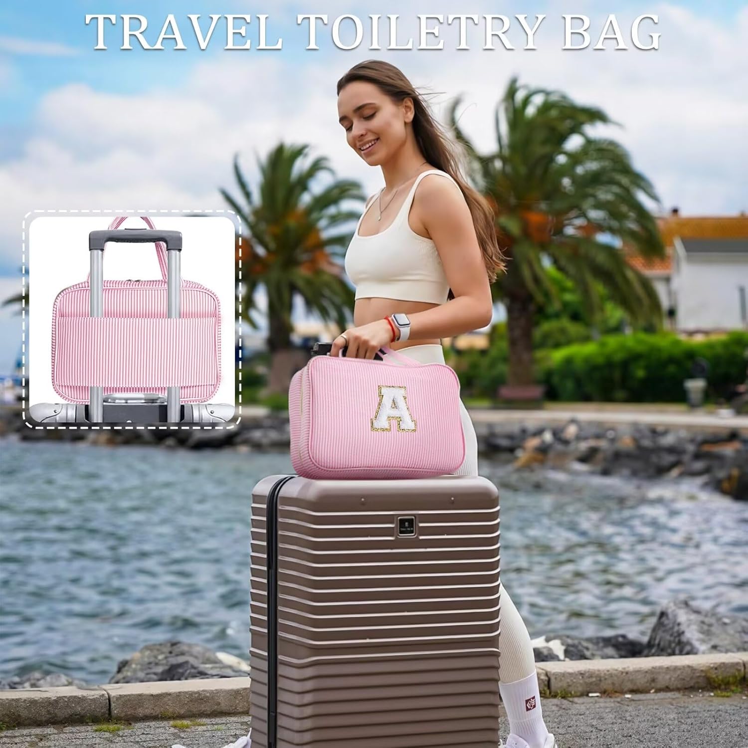 YOOLIFE Travel Toiletry Bag for Women - Hanging Toiletry Bag Makeup Bag, Portable Toiletries Cosmetic Bag, Airplane Travel Essentials - Letter O, Pink