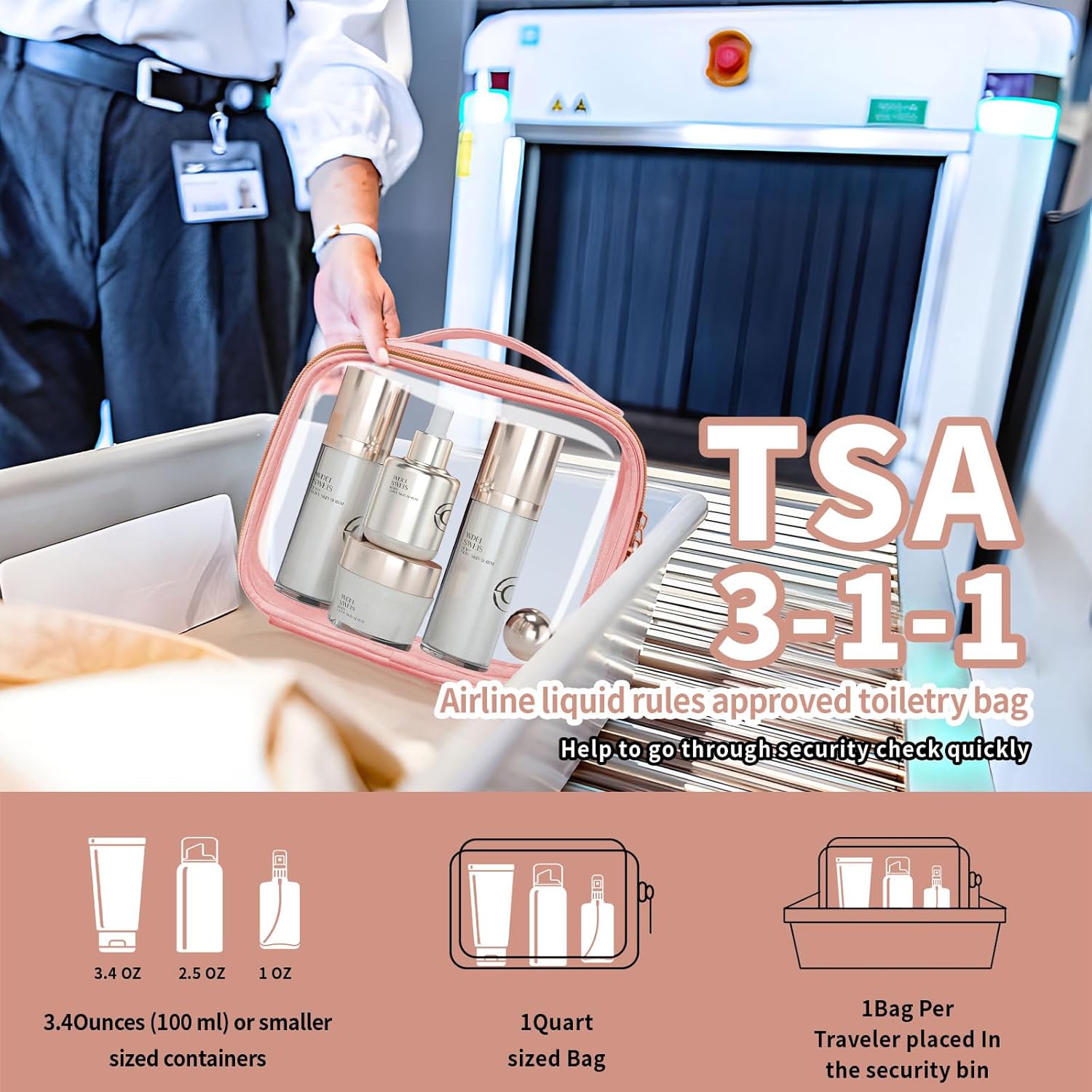 TSA Approved Travel Toiletry Bag,2 Pack Clear Makeup Bags with Handles,Quart Size Clear Cosmetic Bags for Traveling Women,Men,Carry on Airport Airline Compliant Bag,Pink